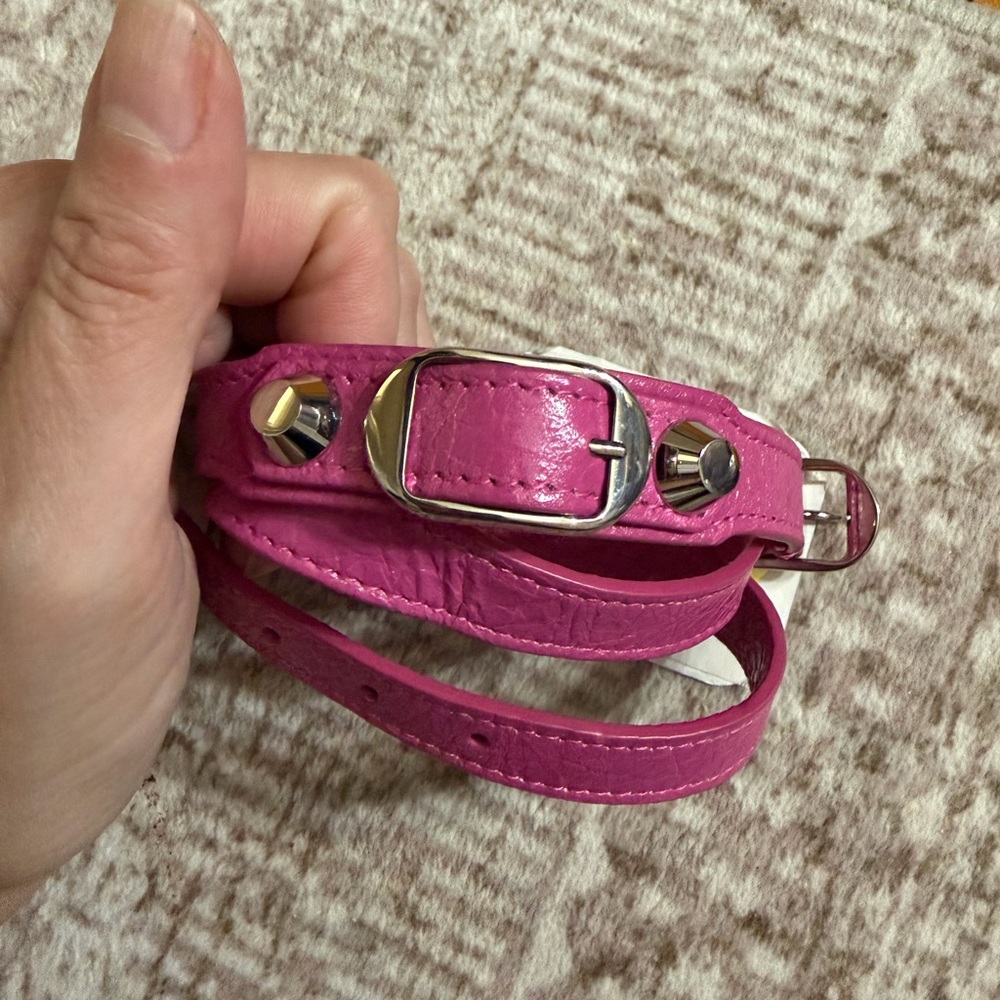 NWT Balenciaga PINK Leather Arena Double Wrap Bracelet Silver Hardware Medium